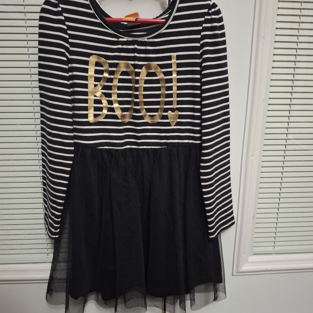 Striped Black Dress with Gold 'BOO!' Print